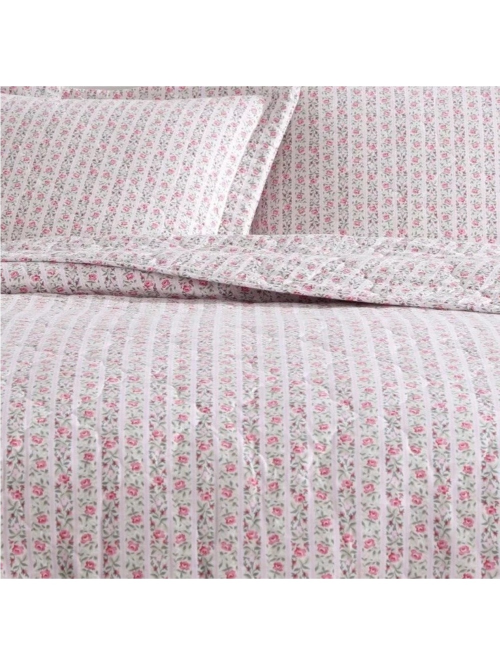 Pink Floral Striped KING 3 Pc. Quilt Set ~ 100% Cotton ~ Timeless All Seasons - Picture 9 of 16